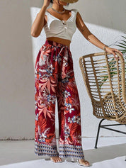 Kotty Women Maroon Floral Printed Relaxed Straight Fit High-Rise Easy Wash Trousers