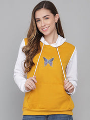 Kotty Women Yellow & White Fleece Colourblocked Hooded Sweatshirt