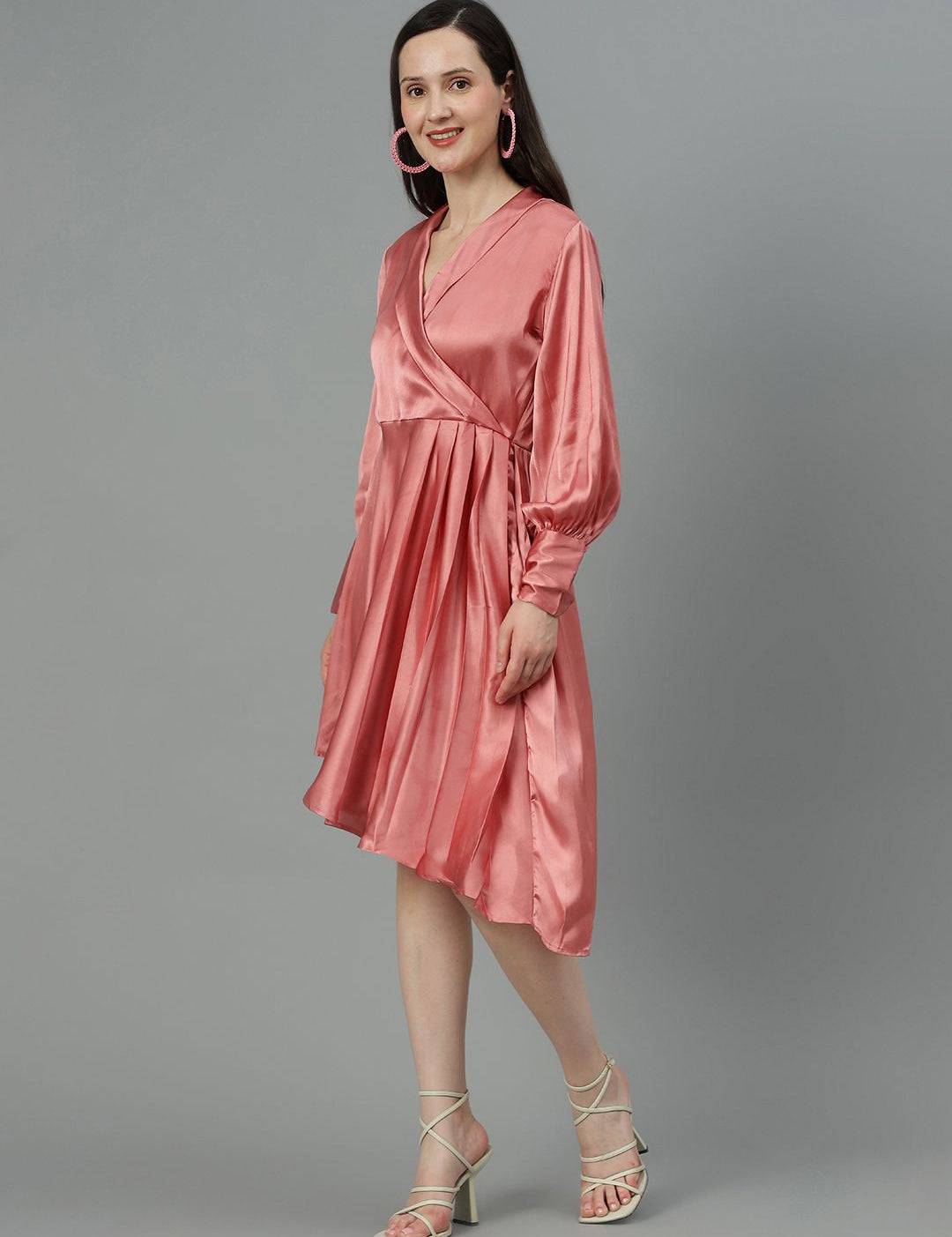 Kotty Cuffed Sleeves Pleated Satin Wrap Dress