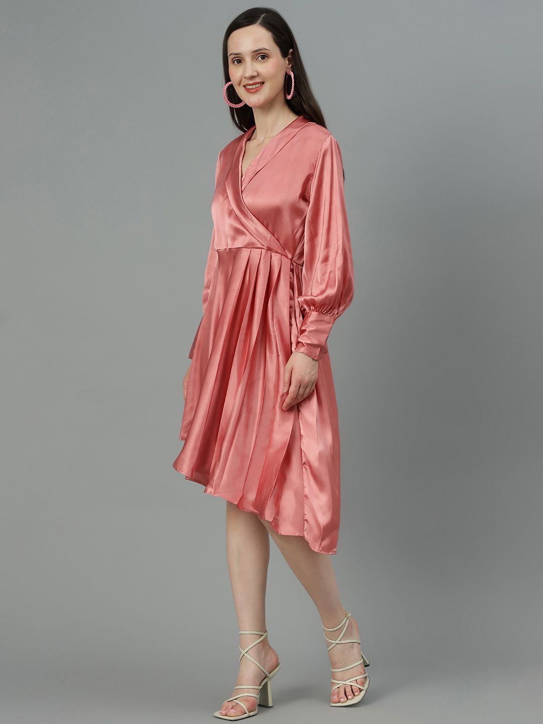 Kotty Cuffed Sleeves Pleated Satin Wrap Dress