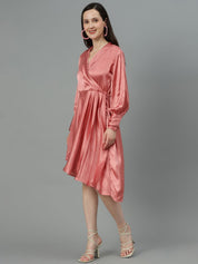 Kotty Cuffed Sleeves Pleated Satin Wrap Dress