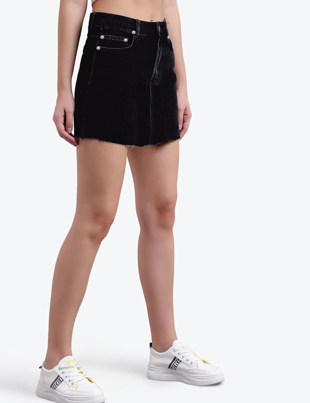 Kotty Women Black Solid Mini Denim A-Line Skirt