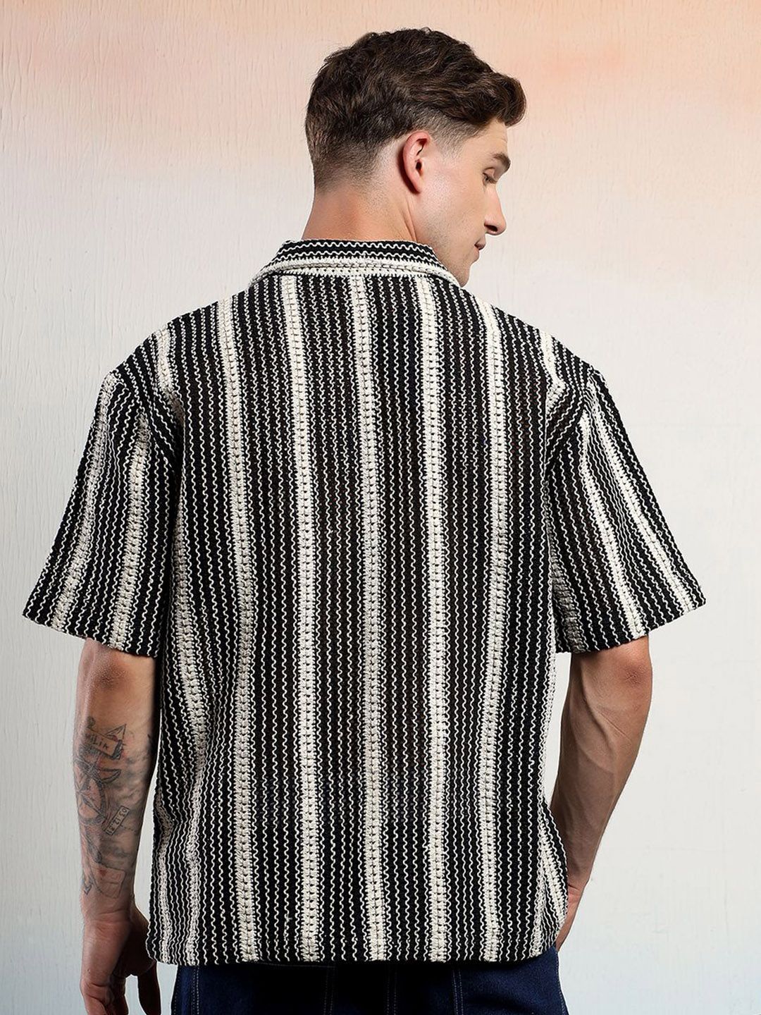 Kotty Men Monochrome Striped Cotton Shirt