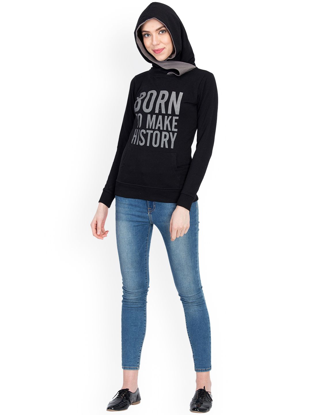 Kotty Women Black Printed Hooded Sweatshirt