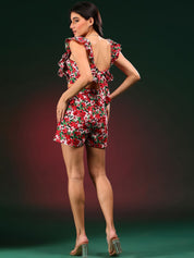Kotty Red Floral Printed Square Neck Top & Shorts
