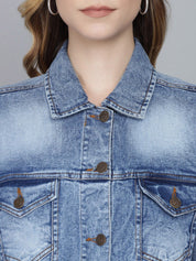 Kotty Women Blue Washed Lightweight Denim Jacket with Patchwork