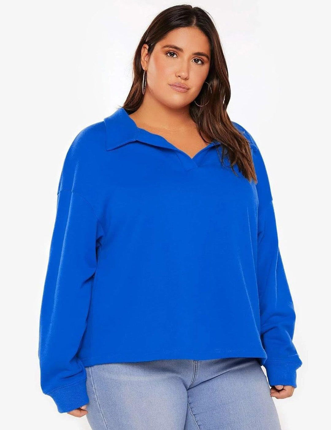 Kotty Plus Size Shirt Collar Drop Shoulder Fleece Sweatshirt