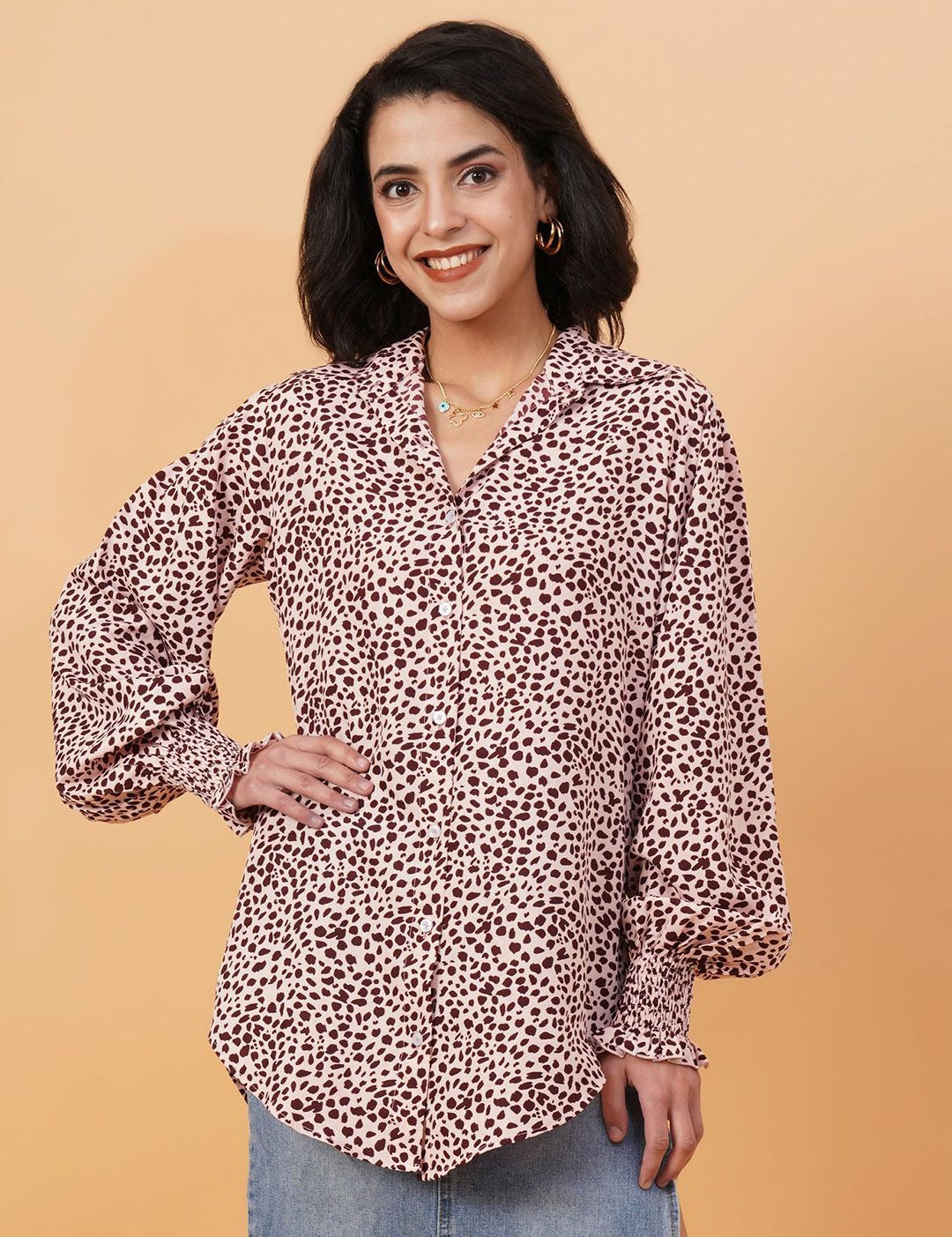 Kotty Pink & Brown Animal Printed Spread Collar Puff Sleeves Crepe Casual Shirt