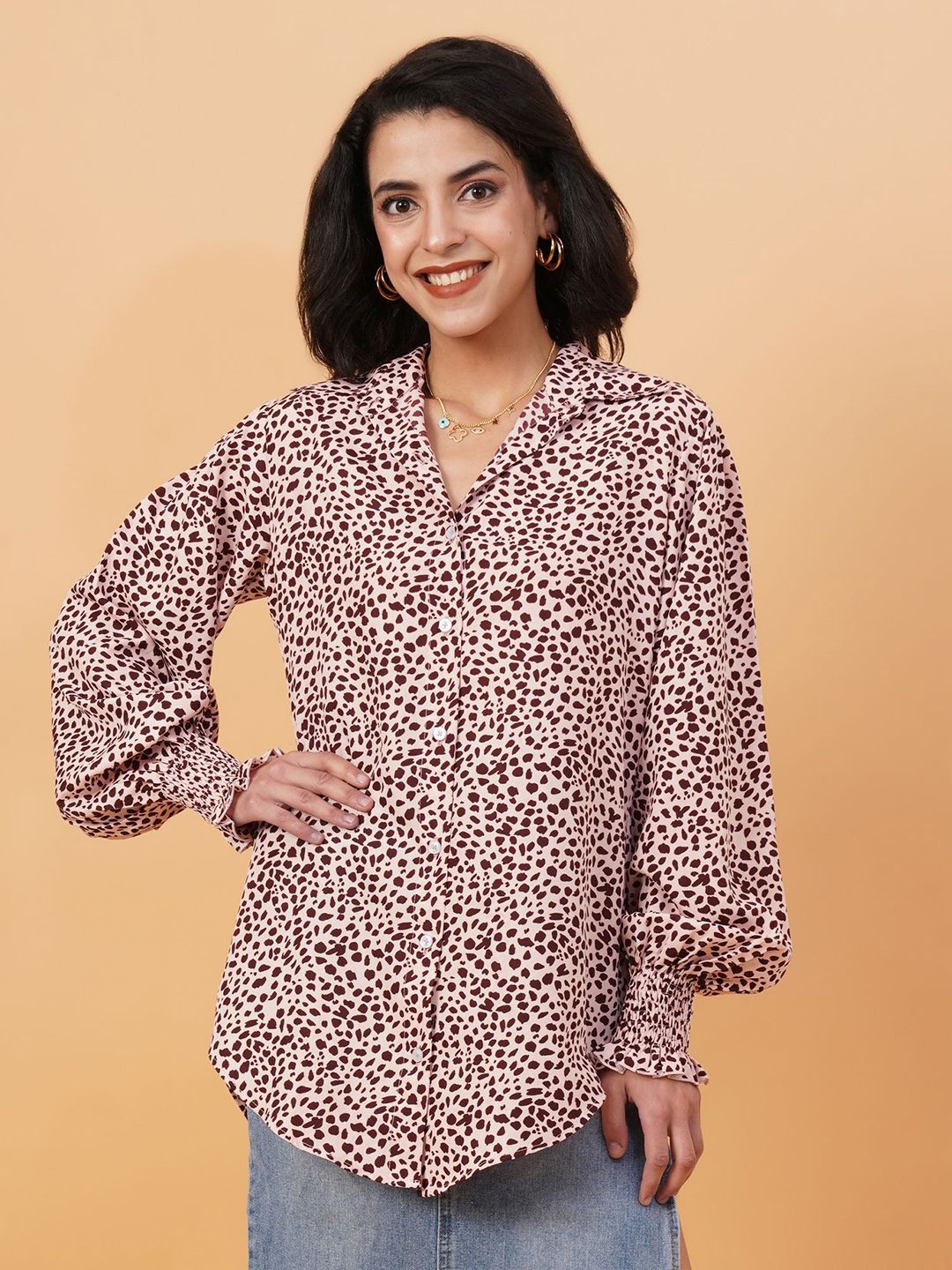 Kotty Pink & Brown Animal Printed Spread Collar Puff Sleeves Crepe Casual Shirt