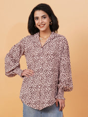 Kotty Pink & Brown Animal Printed Spread Collar Puff Sleeves Crepe Casual Shirt