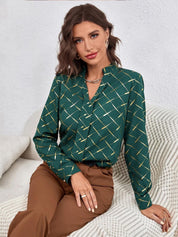 Kotty Geometric Printed Mandarin Collar Satin Shirt Style Top