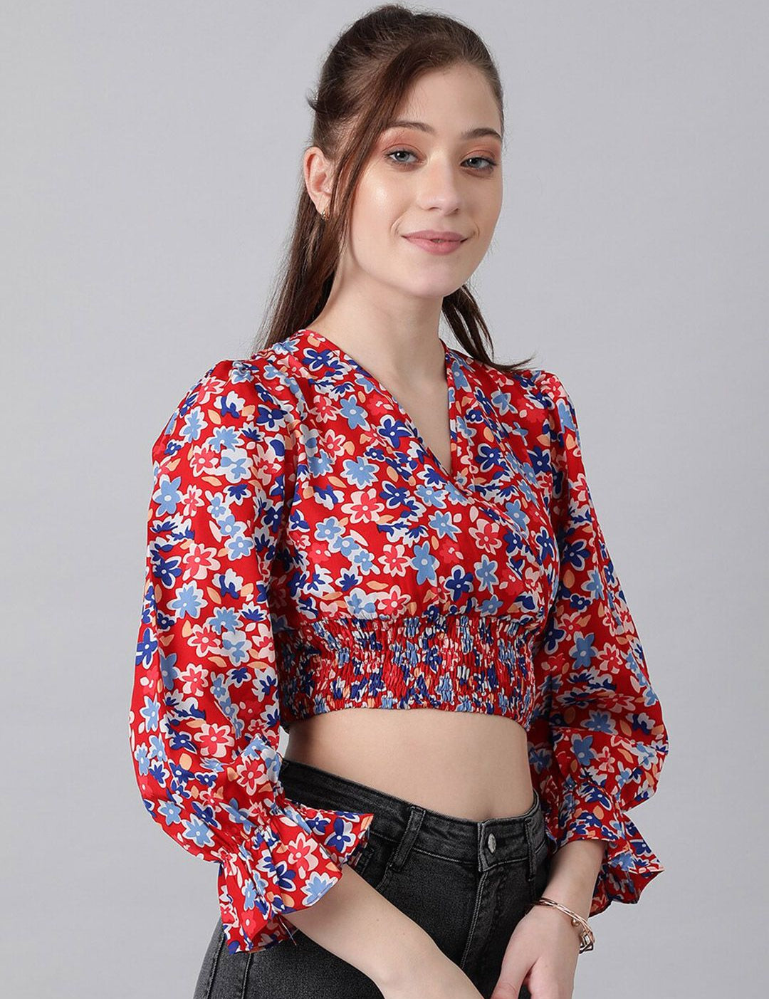 Kotty Red Floral Print Puff Sleeve Smocked Crepe Wrap Crop Top