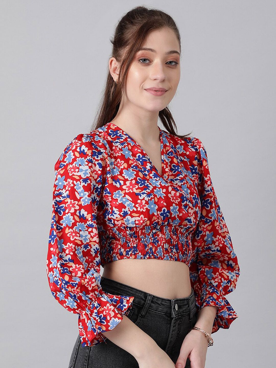 Kotty Red Floral Print Puff Sleeve Smocked Crepe Wrap Crop Top