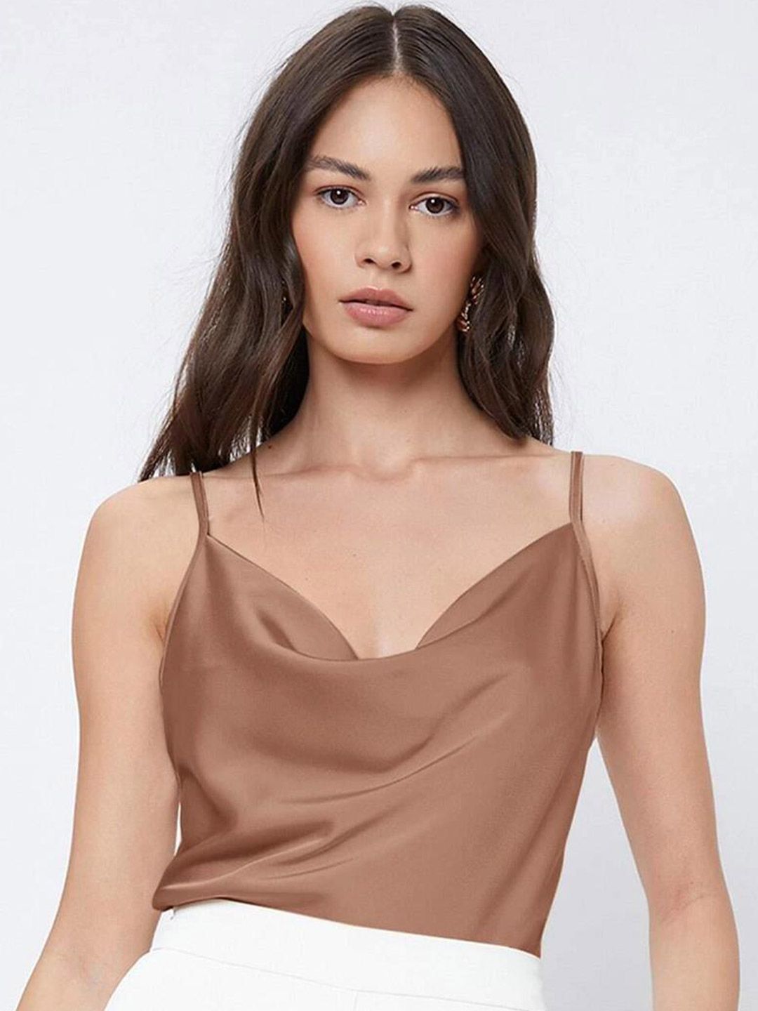 Kotty Brown Cowl Neck Satin Top