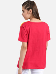 Kotty Women Red & Blue Colourblocked Boat Neck T-shirt