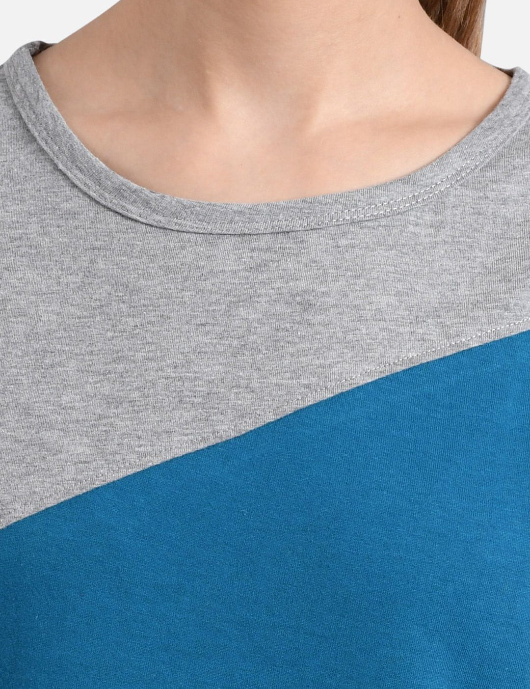 Kotty Women Blue & Grey Colourblocked Round Neck T-shirt