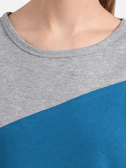 Kotty Women Blue & Grey Colourblocked Round Neck T-shirt