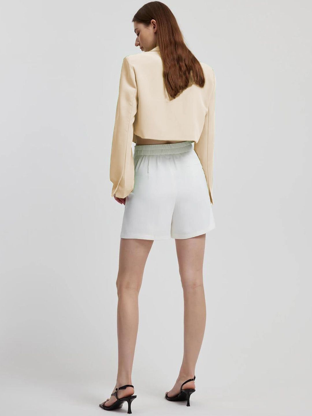 Kotty Beige Crop Notched Lapel Collar Regular Fit Blazer