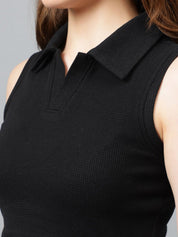 Kotty Black Shirt Collar Fitted Cotton Crop Top