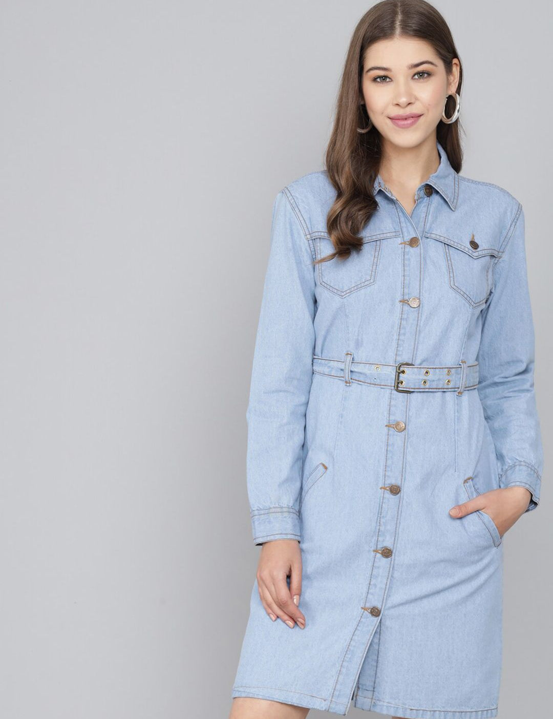 Kotty Women Blue Belted Pure Cotton Denim Shirt Dress