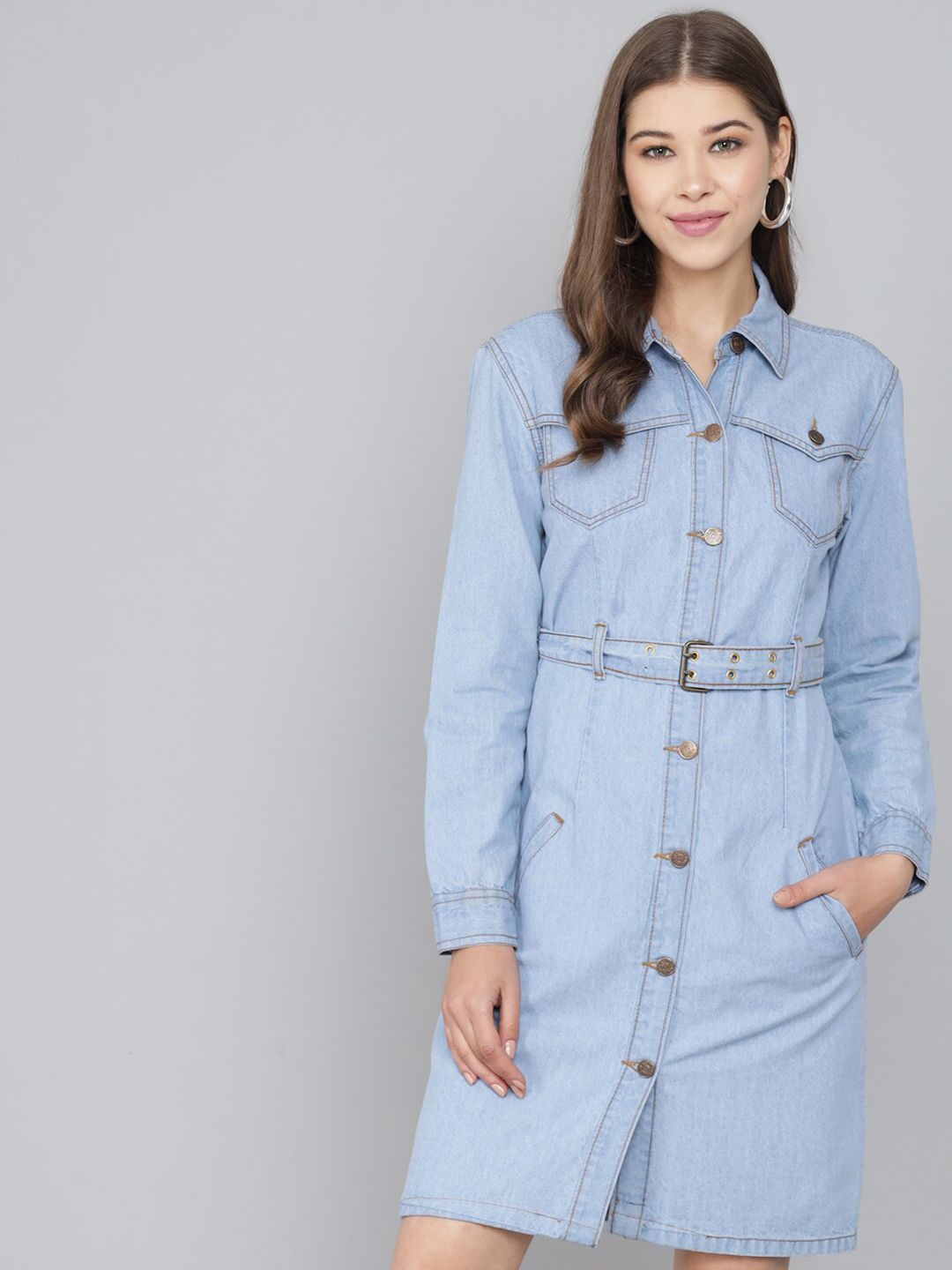 Kotty Women Blue Belted Pure Cotton Denim Shirt Dress