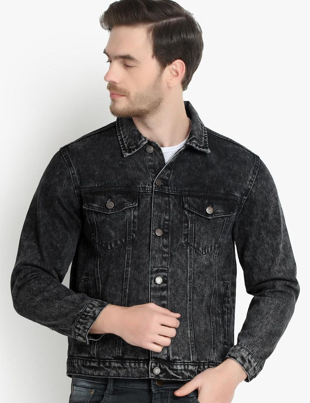 Kotty Men Black Solid Denim Jacket