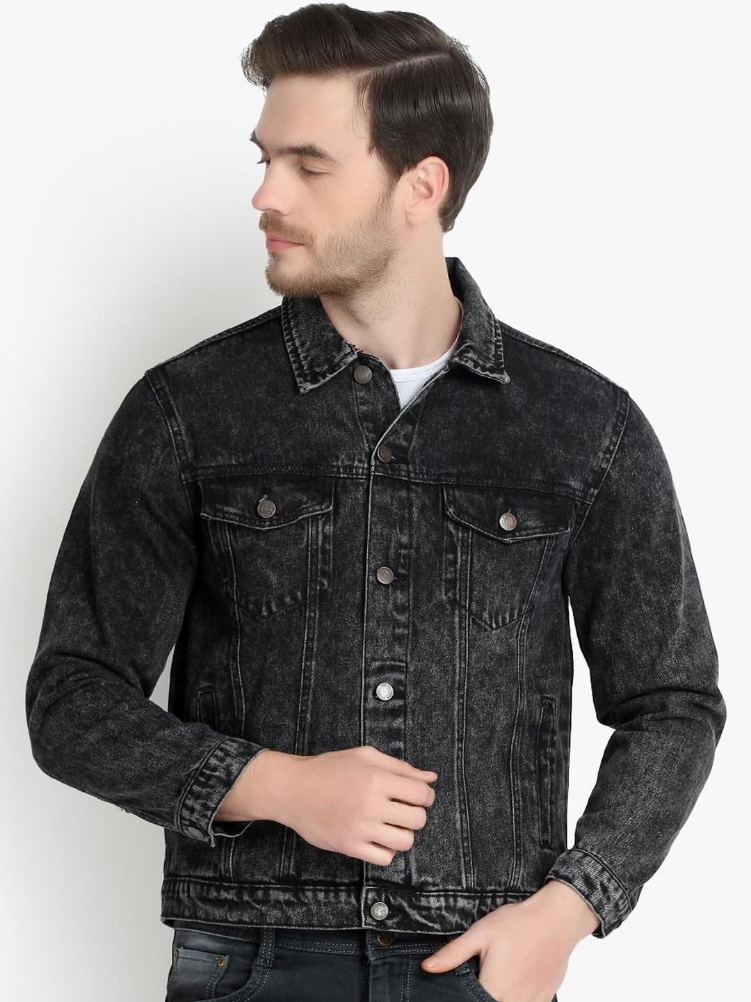 Kotty Men Black Solid Denim Jacket