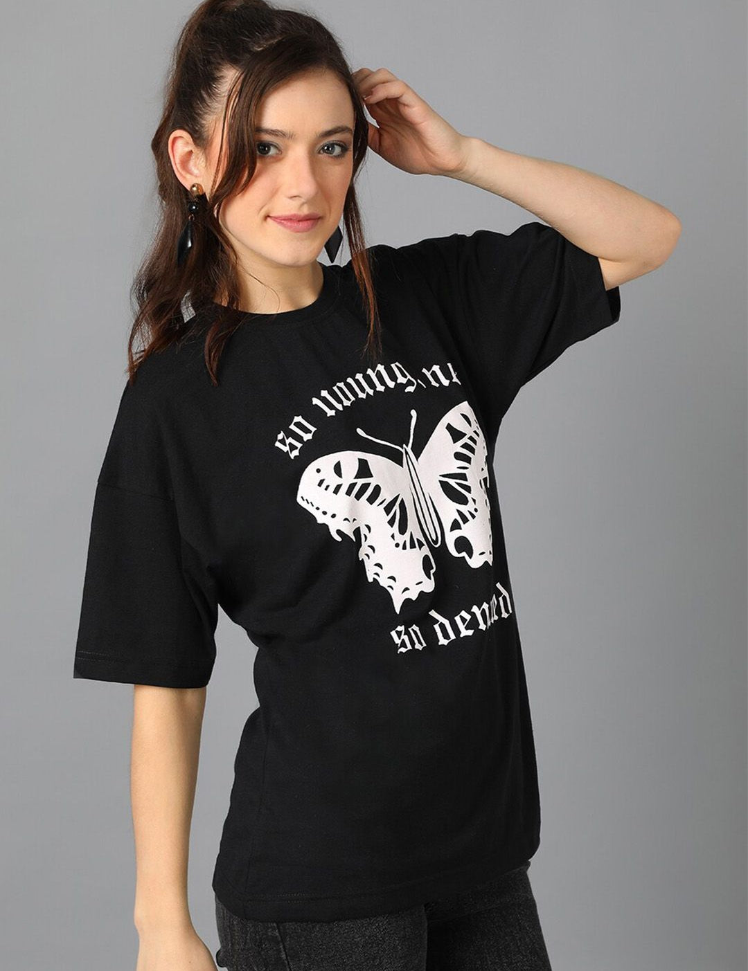 Kotty Graphic Printed Round Neck Drop-Shoulder Sleeves Oversized T-shirt