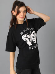 Kotty Graphic Printed Round Neck Drop-Shoulder Sleeves Oversized T-shirt