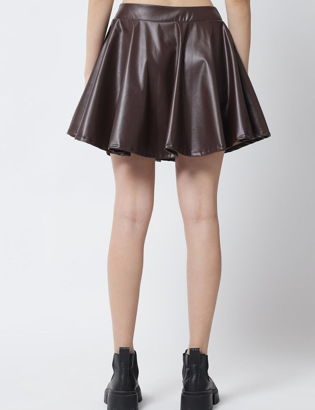 Kotty Women Brown Solid Flared Leather Mini Skirts