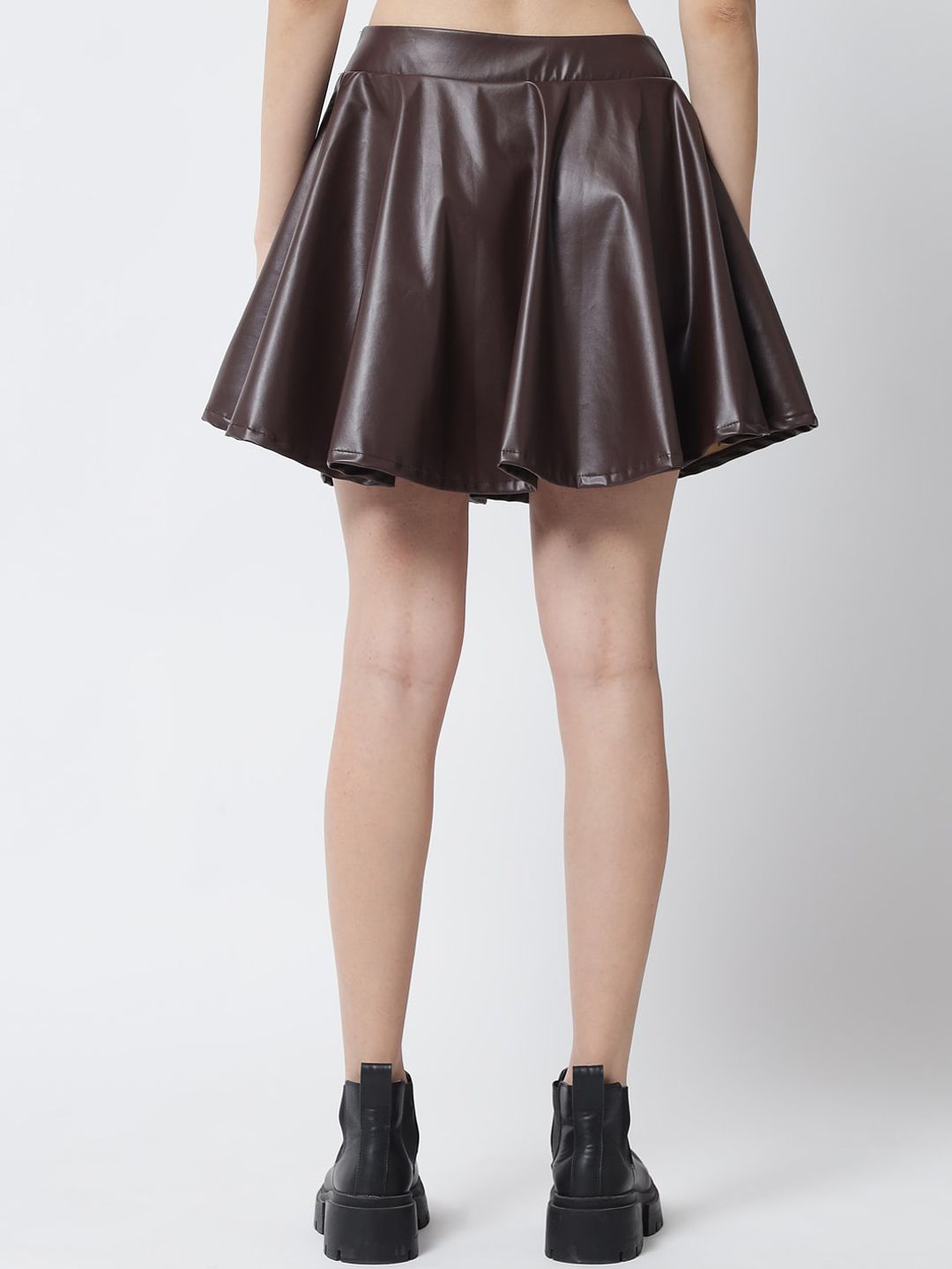 Kotty Women Brown Solid Flared Leather Mini Skirts