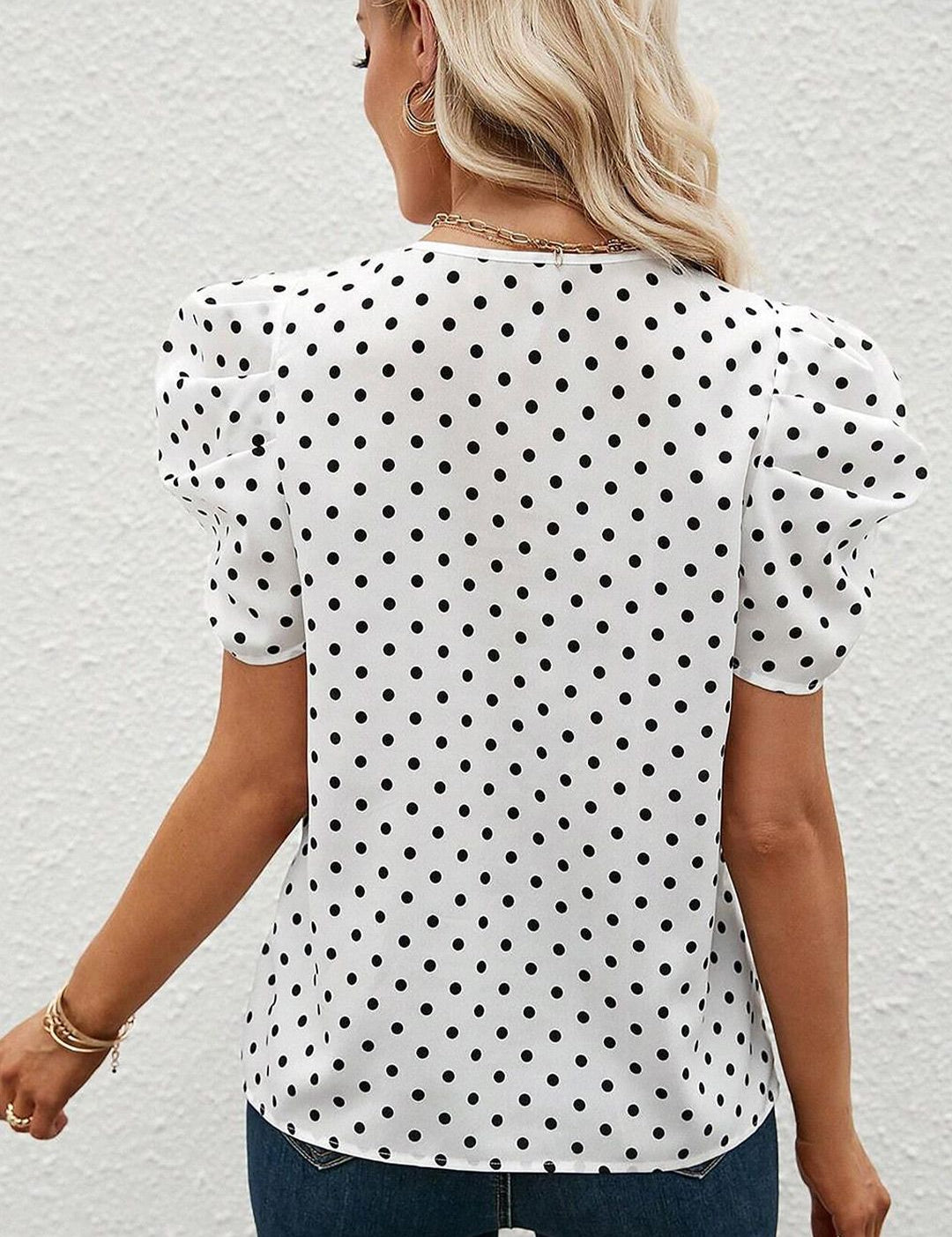 Kotty White & Black Polka Dot Printed Puff Sleeve Top