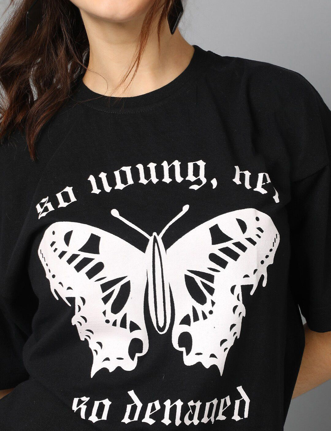 Kotty Graphic Printed Round Neck Drop-Shoulder Sleeves Oversized T-shirt