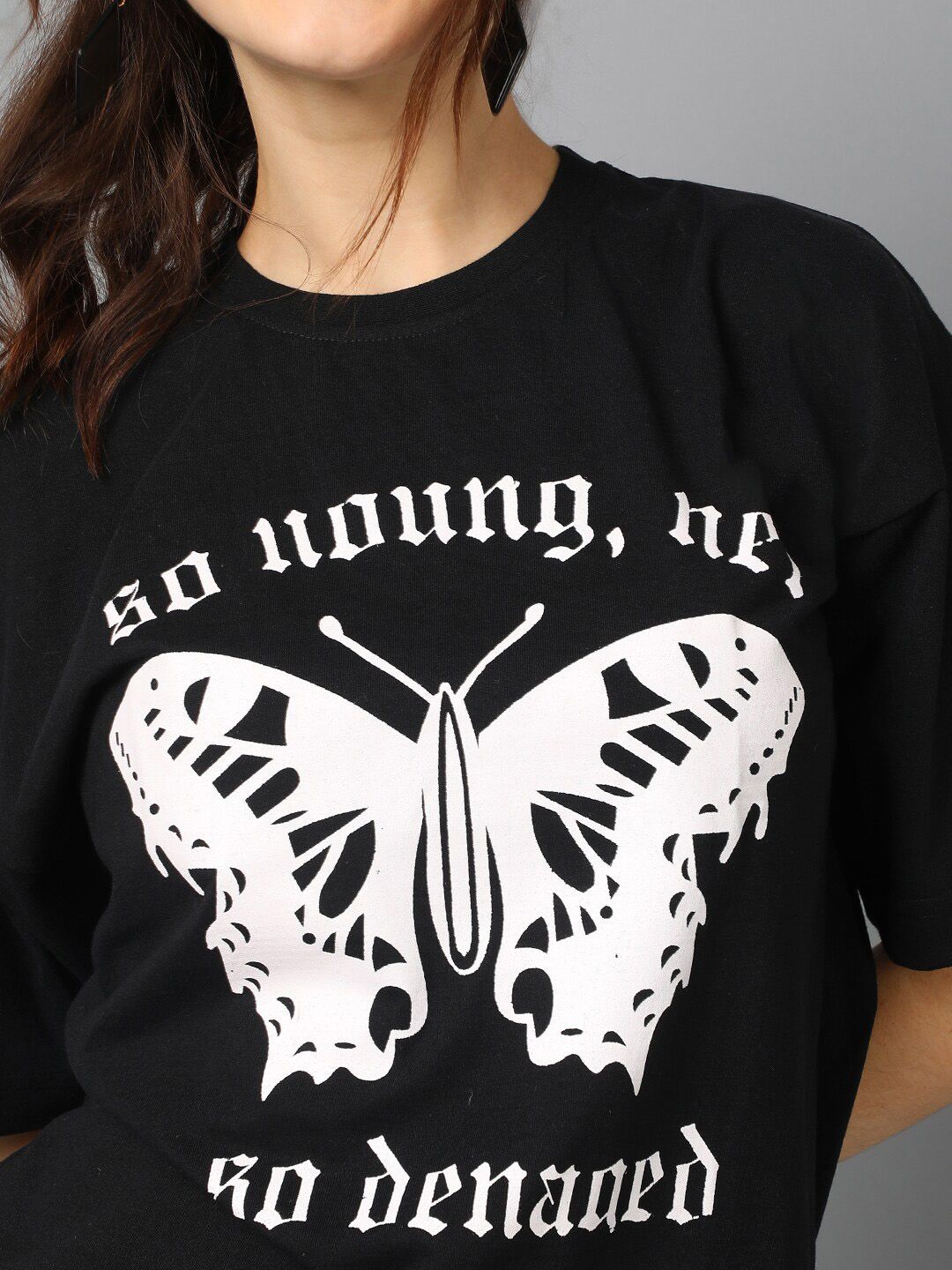 Kotty Graphic Printed Round Neck Drop-Shoulder Sleeves Oversized T-shirt