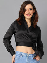 Kotty Black Cuffed Sleeves Satin Wrap Crop Top