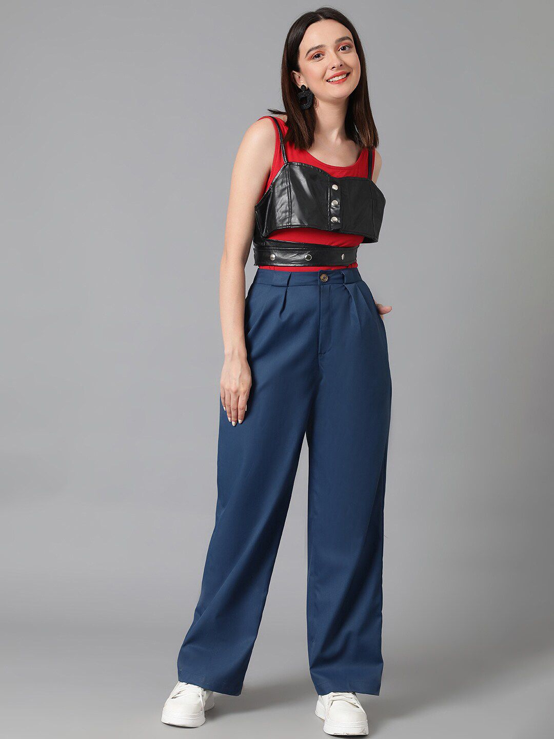 KOTTY BIZwear Women Navy Blue Relaxed Straight Leg High-Rise Easy Wash Pleated Trousers