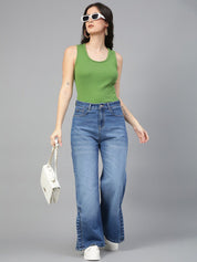 Kotty Women Jean Wide Leg High-Rise Light Fade Stretchable Side Slits Jeans