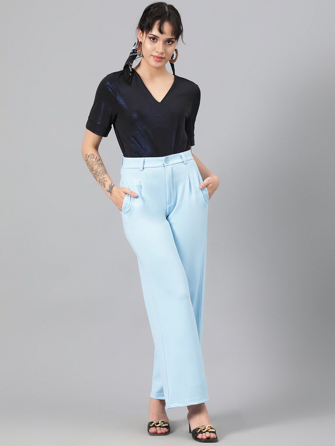 KOTTY BIZwear Women Blue Relaxed Straight Leg Fit High-Rise Easy Wash Parallel Trousers