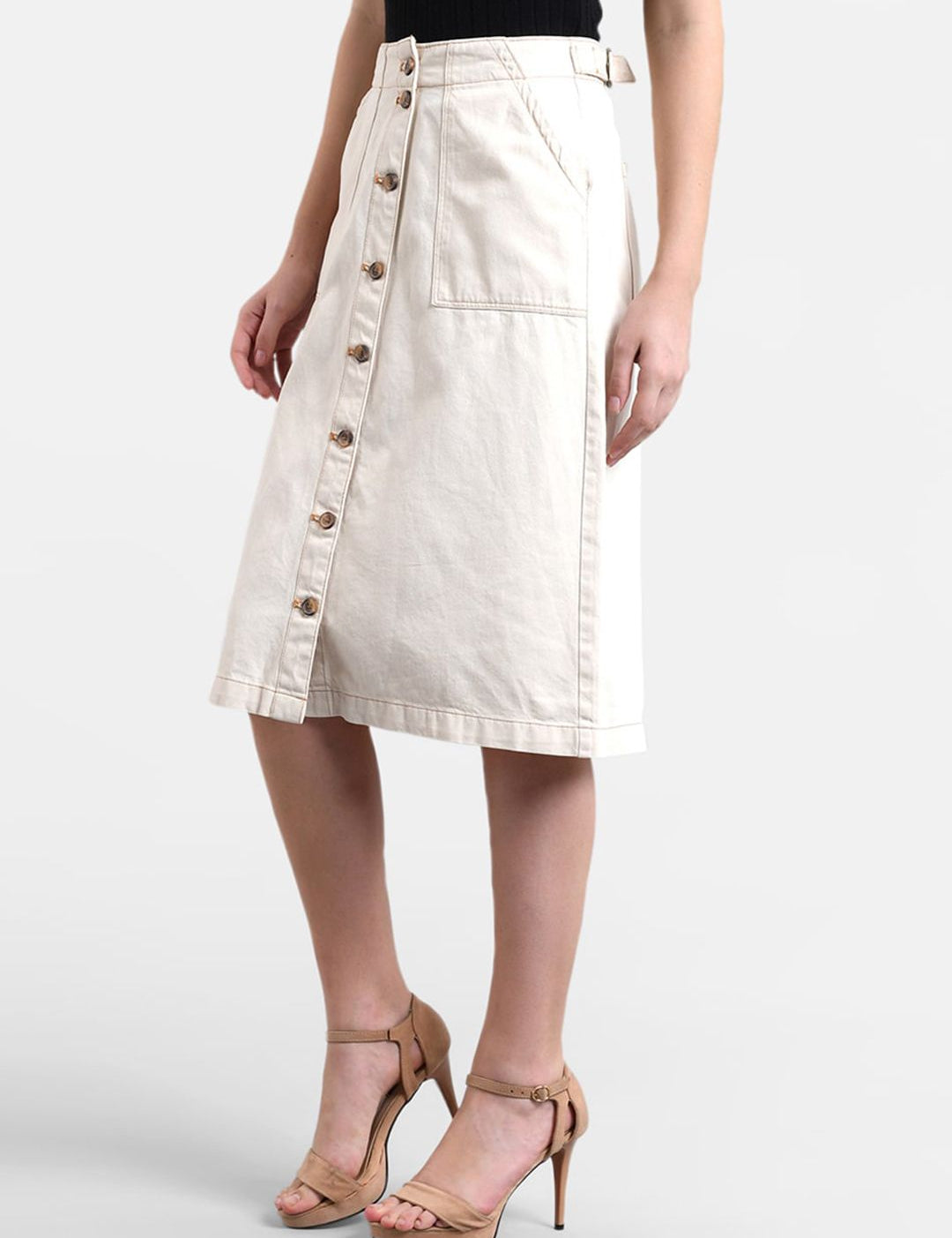 Kotty Women Cream-Coloured Solid Denim Denim A-Line Skirt
