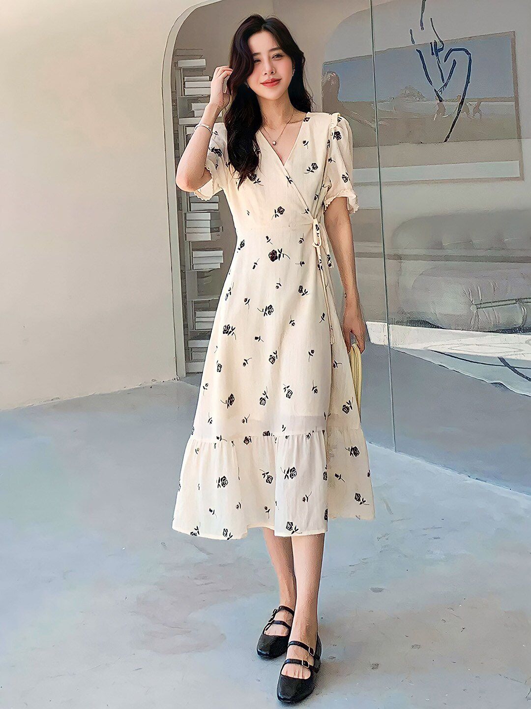 Kotty Floral Printed V-Neck Wrap Maxi Dress