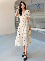 Kotty Floral Printed V-Neck Wrap Maxi Dress