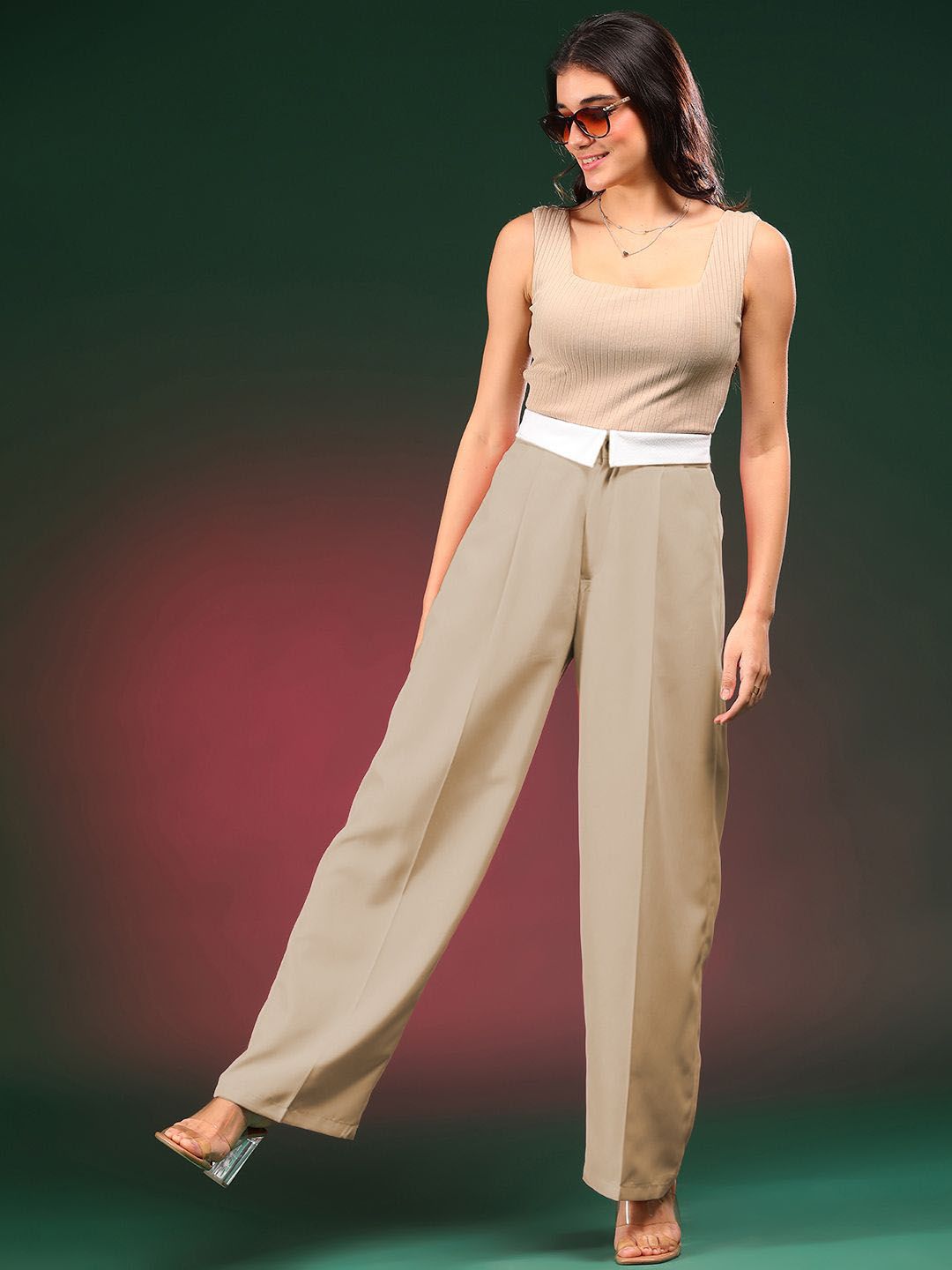 Kotty Women Straight Fit High-Rise Easy Wash Pleated Trousers