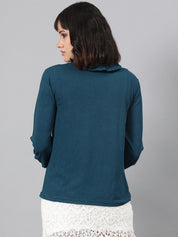 Kotty Green V-Neck Cuffed Sleeves Top