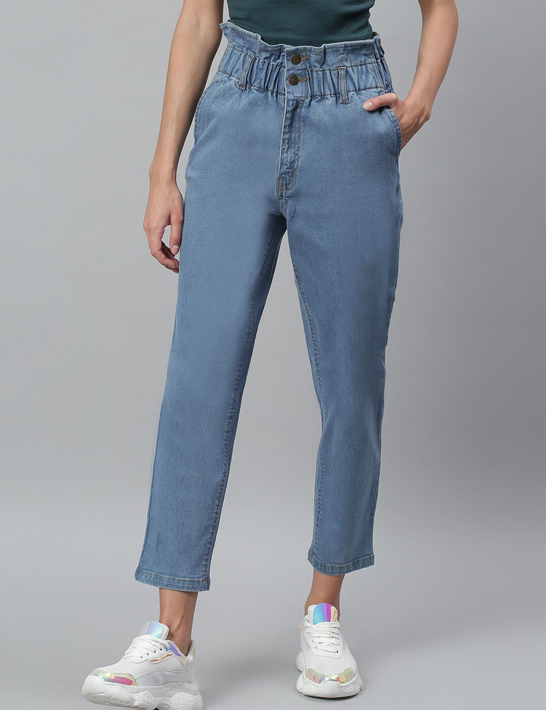 Kotty Women Blue Boyfriend Fit High-Rise Cotton Clean Look Jeans