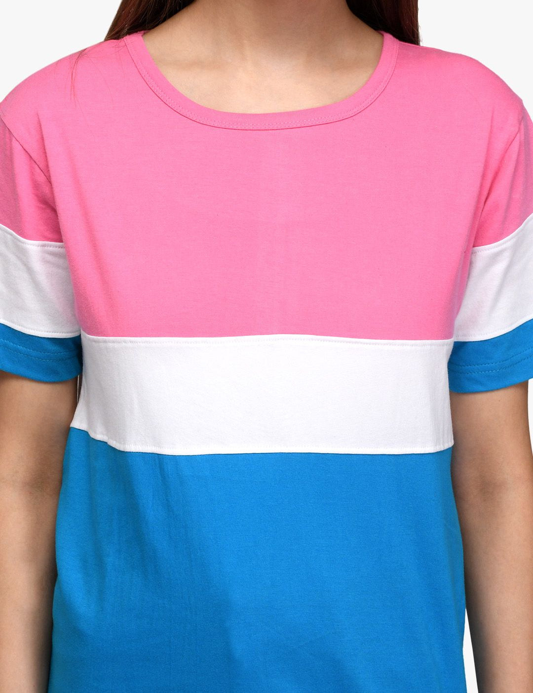 Kotty Women Blue & Pink Colourblocked Round Neck T-shirt