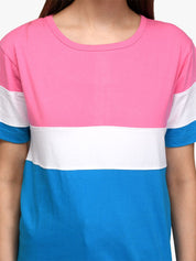 Kotty Women Blue & Pink Colourblocked Round Neck T-shirt
