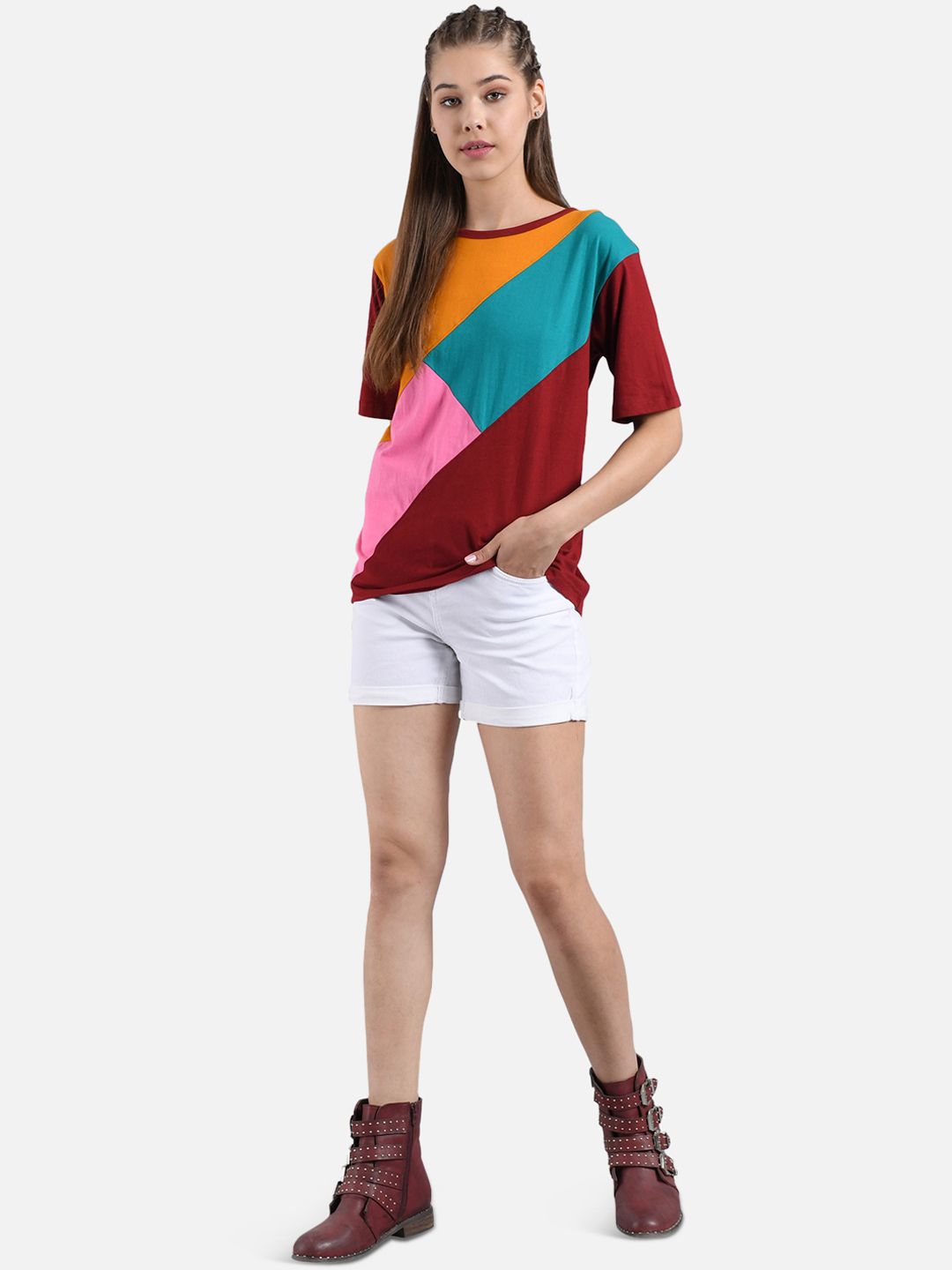 Kotty Women Multicoloured Colourblocked V-Neck T-shirt
