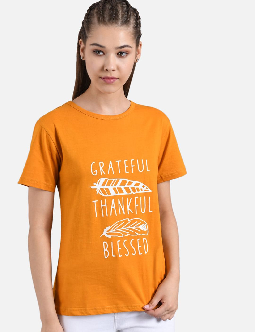 Kotty Women Orange Printed Round Neck T-shirt