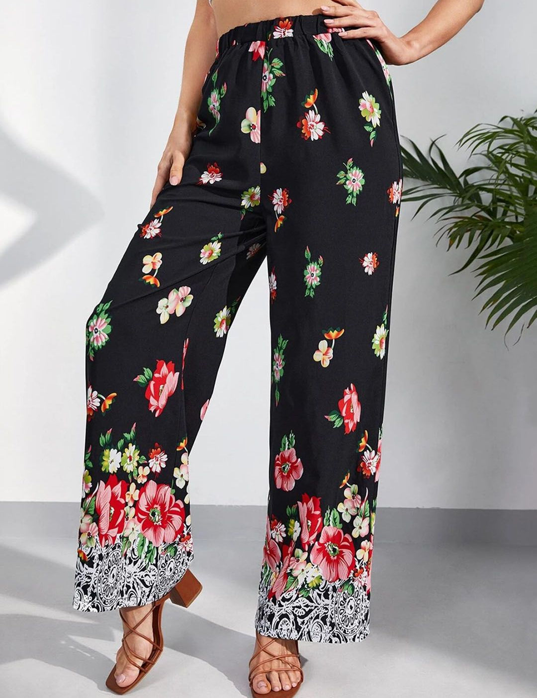 Kotty Women Multicoloured Floral Printed Relaxed Straight Fit High-Rise Easy Wash Trousers