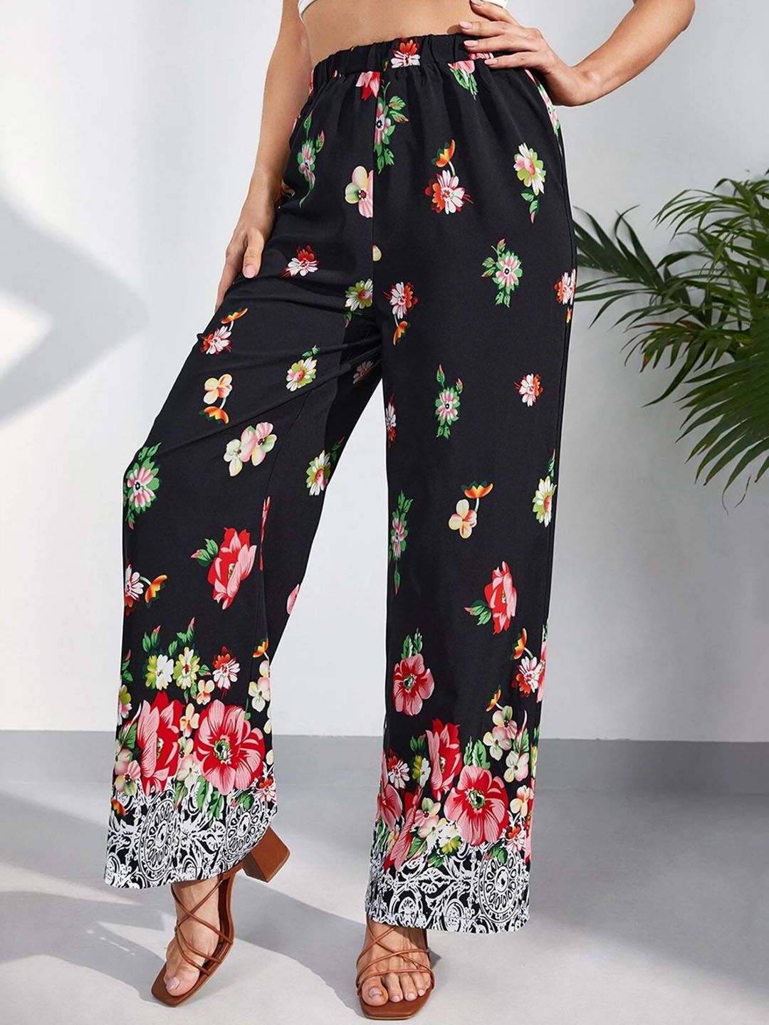 Kotty Women Multicoloured Floral Printed Relaxed Straight Fit High-Rise Easy Wash Trousers